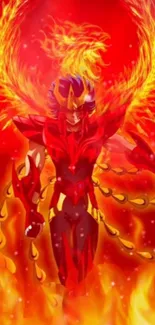 Anime character in red fiery phoenix design with vibrant flames.