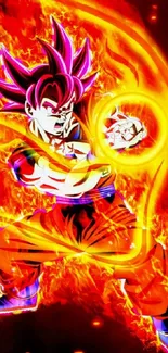 Anime character with fiery aura, exuding power and energy in orange flames.