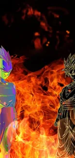 Anime characters in a fiery showdown with vibrant colors.