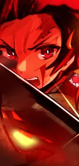 Intense anime character with fiery sword in vivid red backdrop.