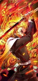 Anime character with fiery sword and flames, vibrant artwork.