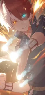 Dynamic anime character amid fiery bursts on a mobile wallpaper.