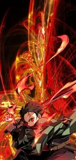 Anime warrior engulfed in fiery red and gold flames.