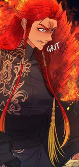 Anime warrior with fiery red hair and burning background.