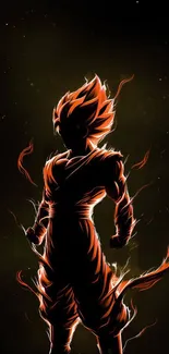 Silhouette of a powerful anime warrior with fiery aura on a dark background.