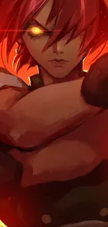 Anime warrior with fiery red hues on mobile wallpaper.