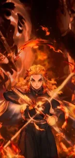 Anime warrior amidst fiery orange flames, wielding a sword in epic stance.