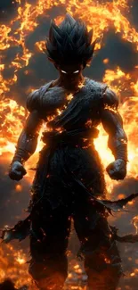 Fiery anime warrior silhouette against flames.