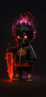 Fiery anime warrior holding sword on a dark background.