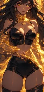 Fiery anime warrior in a dynamic pose with gold and black design.