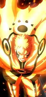 Energetic anime warrior surrounded by orange flames, radiating power and intensity.