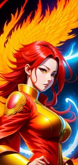 Anime warrior with fiery wings and vibrant colors on a dark background.