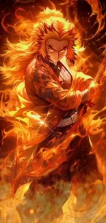 Fiery anime warrior amidst vibrant flames.