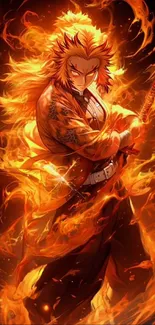 Anime warrior engulfed in vibrant flames, holding a sword.