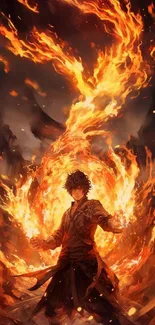 Anime warrior surrounded by fiery flames in an epic fantasy setting.