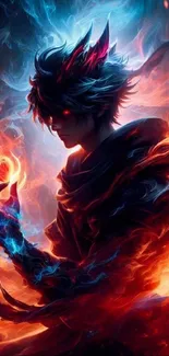 Fiery anime character surrounded by flames with vibrant colors