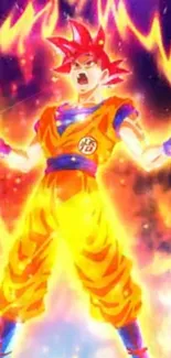 Anime warrior engulfed in fiery aura with vibrant colors.