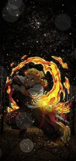 Anime warrior with fiery aura in dark forest wallpaper.