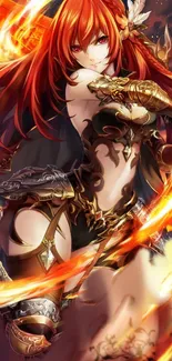 Anime warrior with fiery red hair and armor in dynamic fantasy setting.