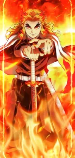 Fiery anime warrior with sword and flames on background.