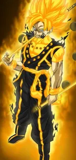 Anime warrior with fiery yellow glow, holding sticks.