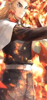 Anime character with flames in fiery scene.