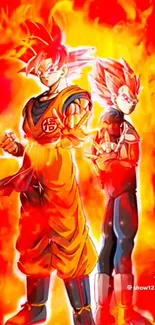 Anime warriors with fiery red and orange background.