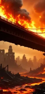 Fiery urban landscape with burning bridge and city ruins.