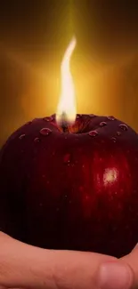 Fiery apple with flame top on a warm, glowing background.