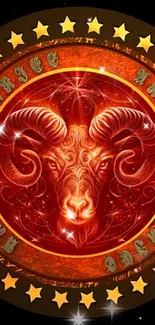 Fiery Aries zodiac wallpaper featuring a ram and stars in orange-red tones.