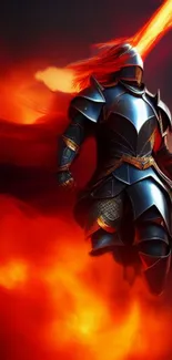 Armored knight engulfed in red flames on a dark background.