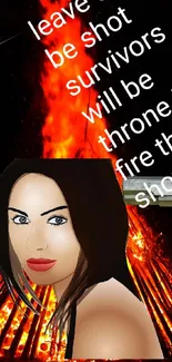 Fiery wallpaper with woman's face and dramatic text.