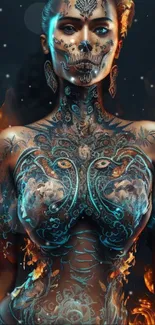 Intricate body paint on fiery background wallpaper.