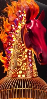 Fiery horse sculpture with vibrant colors and intricate details.