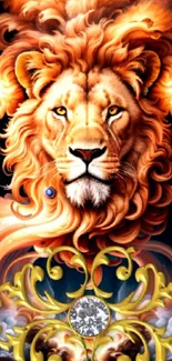 Fiery lion with artistic mane and mystical background in vibrant colors.