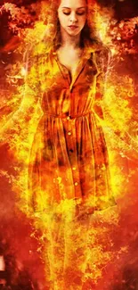 Fiery woman in an orange dress with vibrant flames.