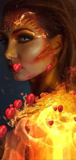 A fiery woman with artistic flames on a dark background.