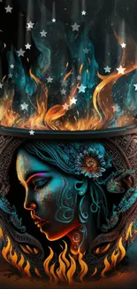 Artistic pot with face and vibrant flames wallpaper.