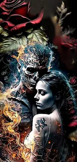 Fiery skull and romantic couple with roses and tattoos on stylish wallpaper.