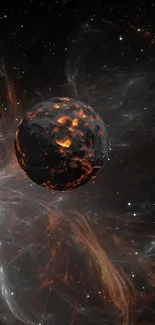 Asteroid with fiery glow in a swirling galaxy