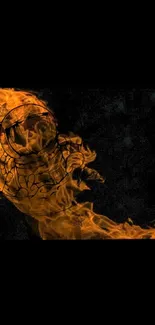 Astronaut surrounded by fiery flames on a dark backdrop.