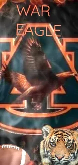 Auburn University logo with flames background, including eagle and tiger.