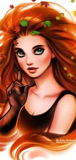 Fantasy girl with red hair surrounded by autumn leaves.