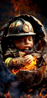 Baby in firefighter suit amidst flames in a visually striking wallpaper.