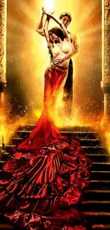 Red dress dancers in fiery ballroom setting with golden glow.