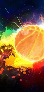 Fiery basketball with colorful splash art in abstract mobile wallpaper.