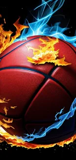 Fiery basketball with vibrant orange flames and blue accents.