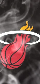 Fiery basketball emblem with smoky effect.