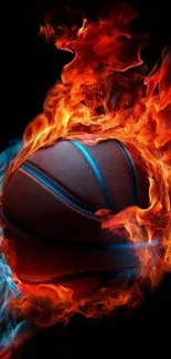 Vibrant basketball engulfed in flames with blue accents.