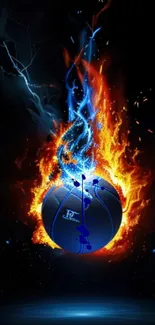 Basketball engulfed in fiery flames, vibrant energy on dark background.